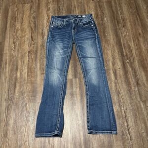 Miss Me Mid Rise Slim Boot Jeans Women's 25 Y2K Stitched Bedazzled Denim